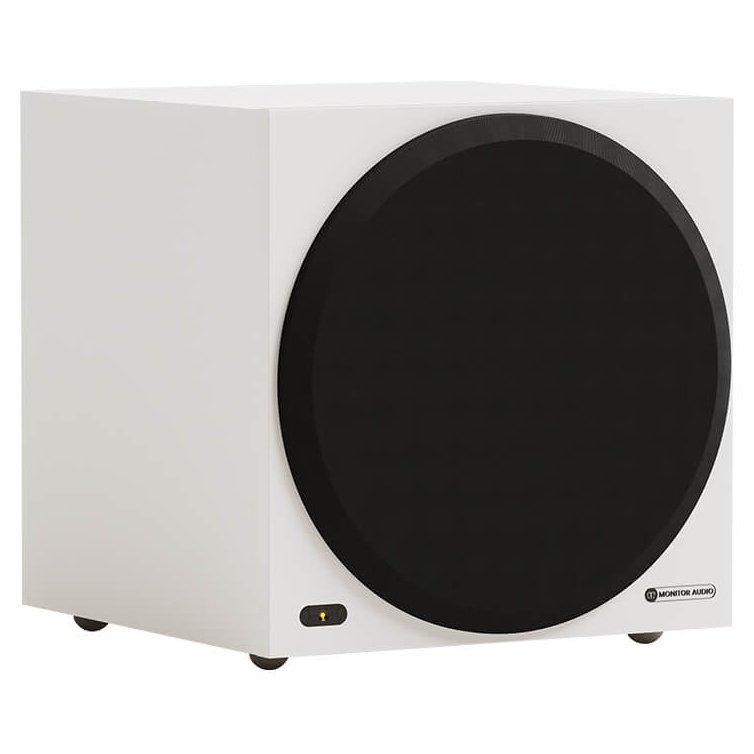 Monitor Audio Vestra W10 Subwoofer Matte White, angled view with grille