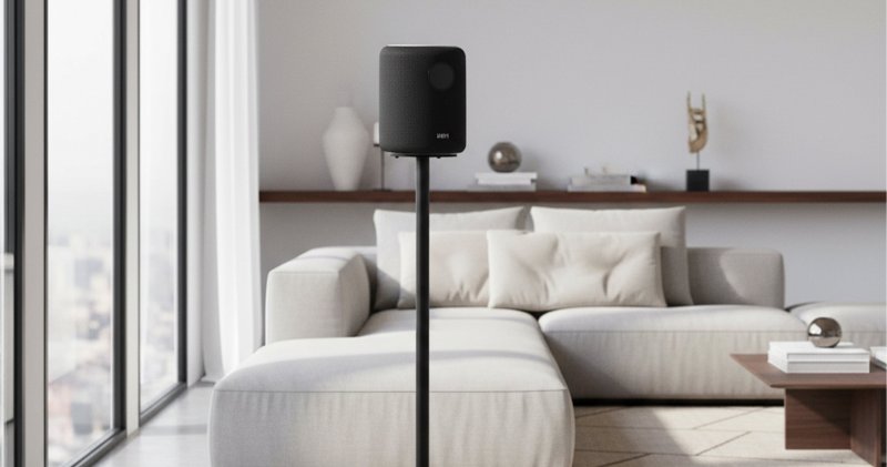 Norstone WiiM Sound Floor Stand Black - with WiiM Sound speaker, lifestyle room setting