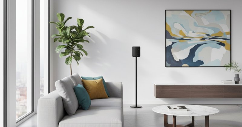 Norstone WiiM Sound Floor Stand Black - with WiiM Sound speaker in contemporary lounge