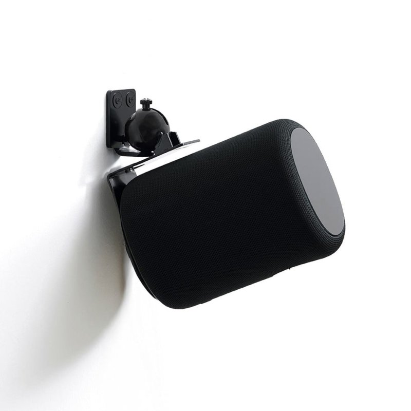Norstone WiiM Sound Wall Mount Black - tilted downward angle view with speaker
