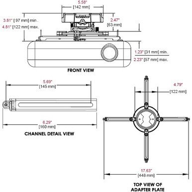 Peerless PRG Precision Gear Projector Mount — technical drawing with dimensions