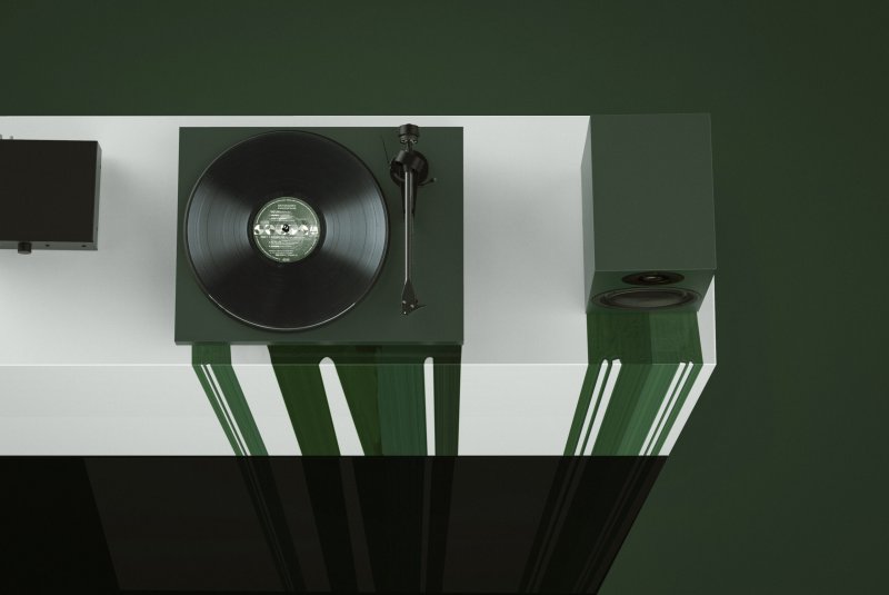Pro-Ject Colourful Audio System 2 Fir Green Satin — turntable overhead with vinyl