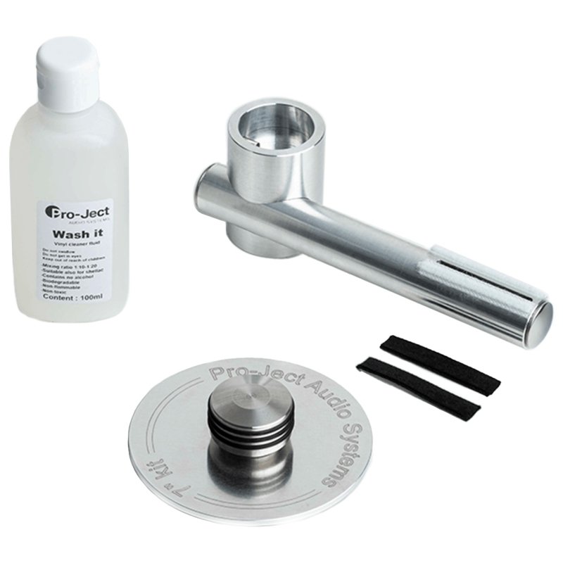 Pro-Ject VC 7-inch Kit showing wash fluid, vacuum arm, puck and adhesive strips