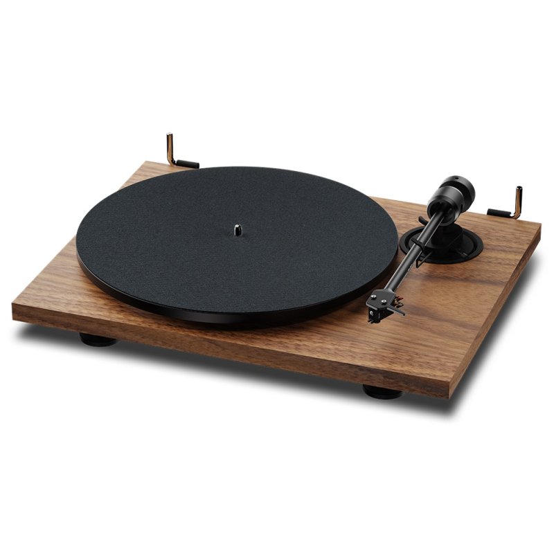 Pro-Ject E1.2 BT Walnut - top angle view with dust cover hinges