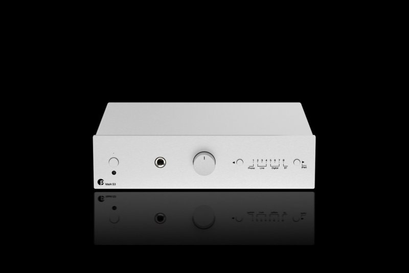 Pro-Ject MaiA S3 Integrated Amplifier Silver - Front View on Dark Background