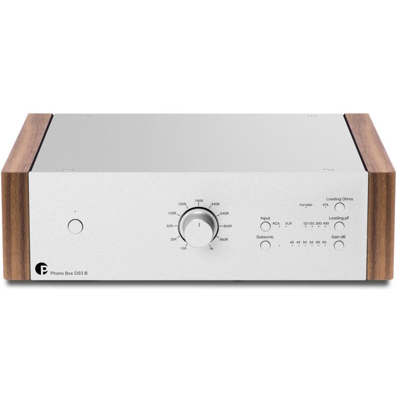 Pro-Ject Phono Box DS3 B Silver — front view with walnut side panels