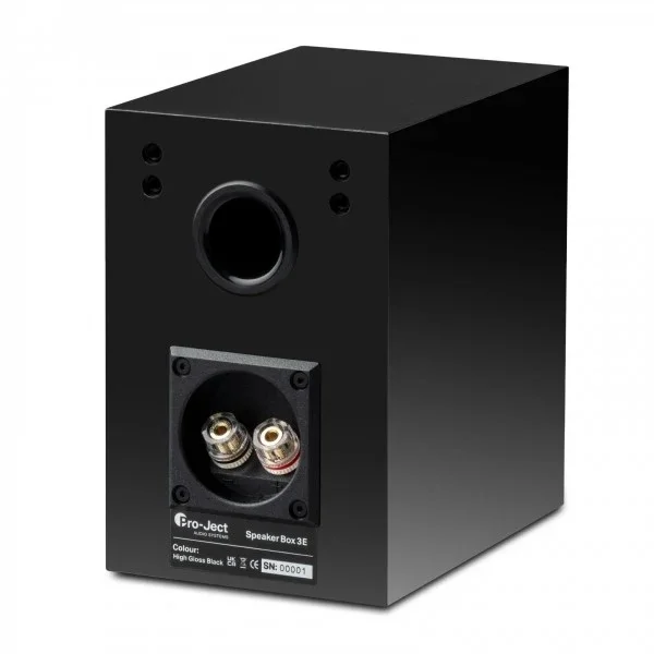 Pro-Ject Speaker Box 3 E rear panel showing banana terminals and bass reflex port