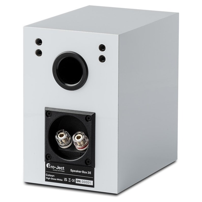 Pro-Ject Speaker Box 3 E rear panel showing banana terminals and bass reflex port