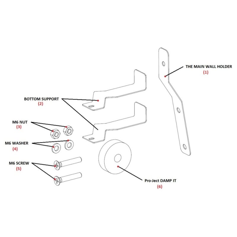 Pro-Ject VT-E Wall Mount Kit, labelled line diagram of the kit parts from the VT-E manual