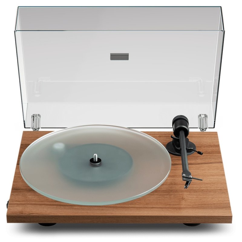 Pro-Ject T1 Evo Turntable Walnut – front view with dust cover raised