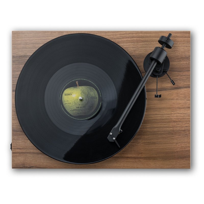Pro-Ject T1 Evo Turntable Walnut – top-down view with vinyl record