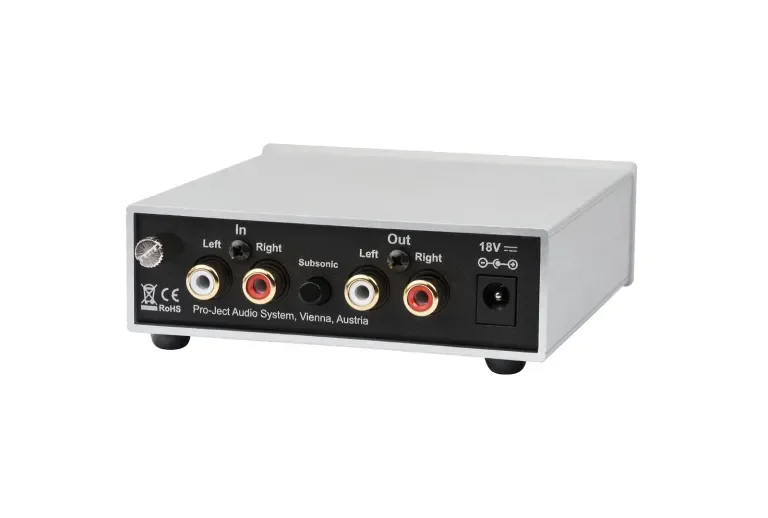 Pro-Ject Phono Box S2 Phono Stage (Silver) — rear panel showing RCA inputs, outputs, subsonic filter switch and 18V DC power input