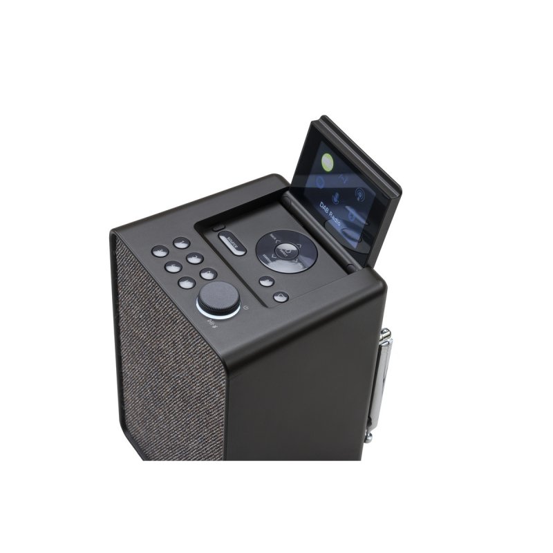 Pure Evoke Spot Smart Radio Black Coffee and Walnut — top panel controls and display