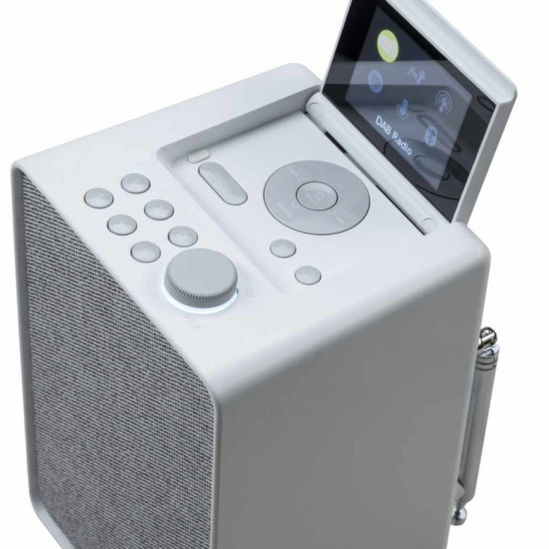 Pure Evoke Spot Smart Radio Cotton White top panel showing controls and display