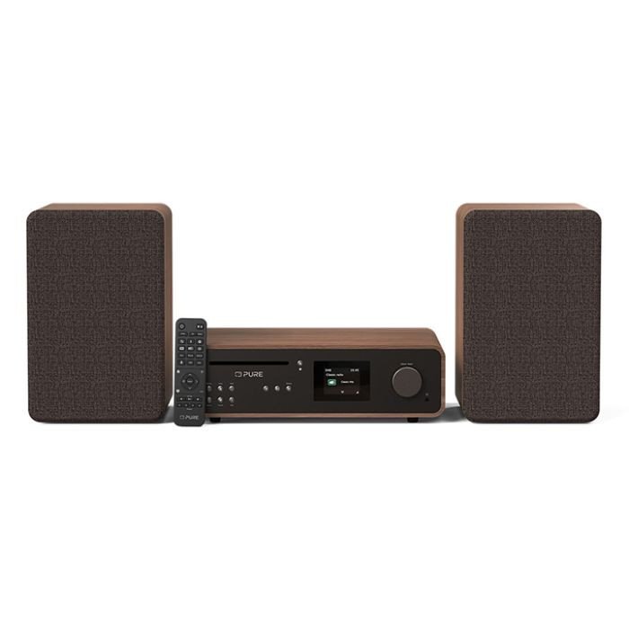 Pure Classic Stereo Music System Black Coffee and Walnut — front view with remote