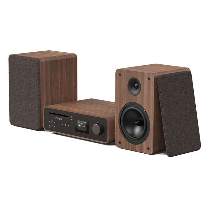 Pure Classic Stereo Music System Black Coffee and Walnut — drivers exposed (grille removed)