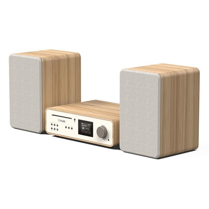 Pure Classic Stereo Music System Cotton White and Oak — three-quarter view