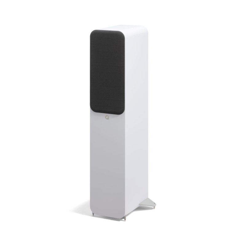 Q Acoustics 3050c 5.1 Cinema Pack Satin White: one 3050c floorstander, front angled view with grille fitted