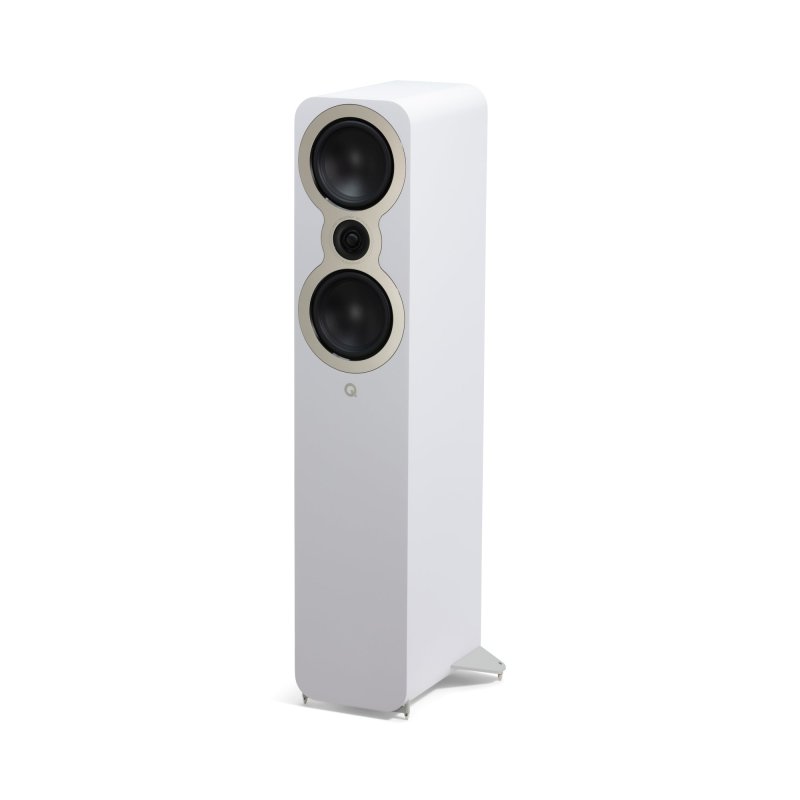 Q Acoustics 3050c 5.1 Cinema Pack Satin White: one 3050c floorstander, front angled view without grille