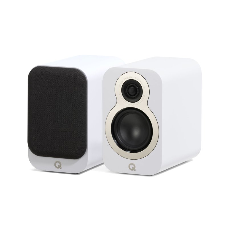 Q Acoustics 3050c 5.1 Cinema Pack Satin White: pair of 3010c surround speakers, one with grille and one without