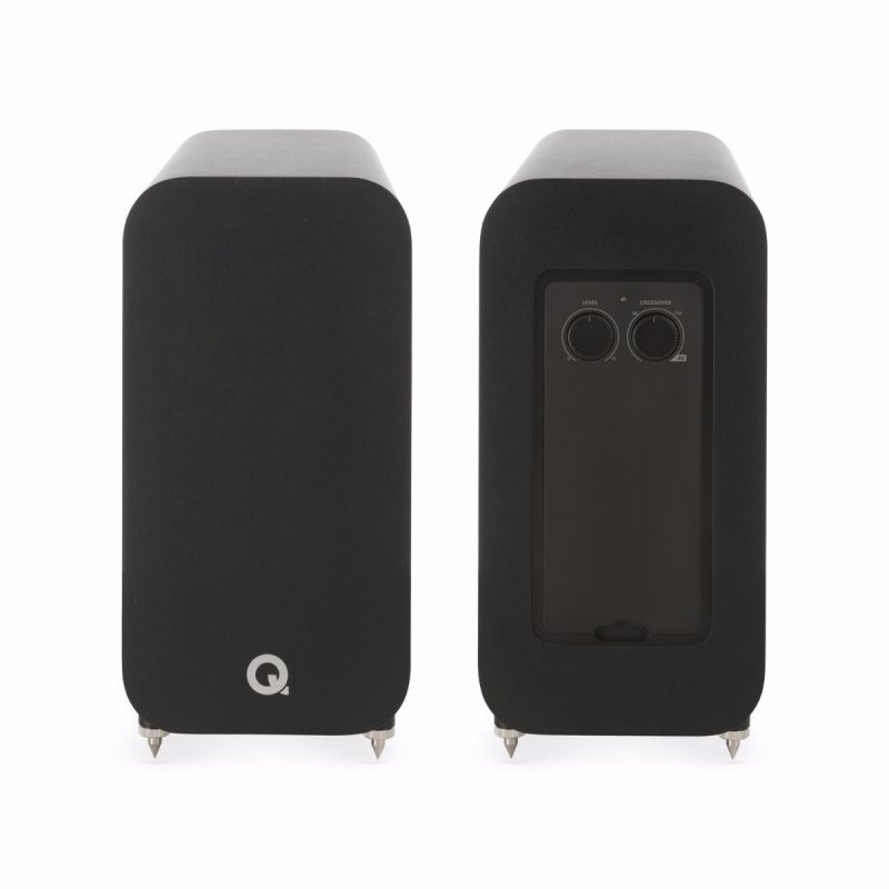 Q Acoustics 3060S Slimline Subwoofer Satin Black — front and rear views