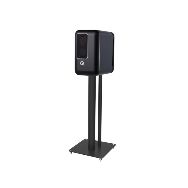 Q Acoustics Q Active 200 Bookshelf Speakers Black (Pair) — with FS50 floor stand (angled view)