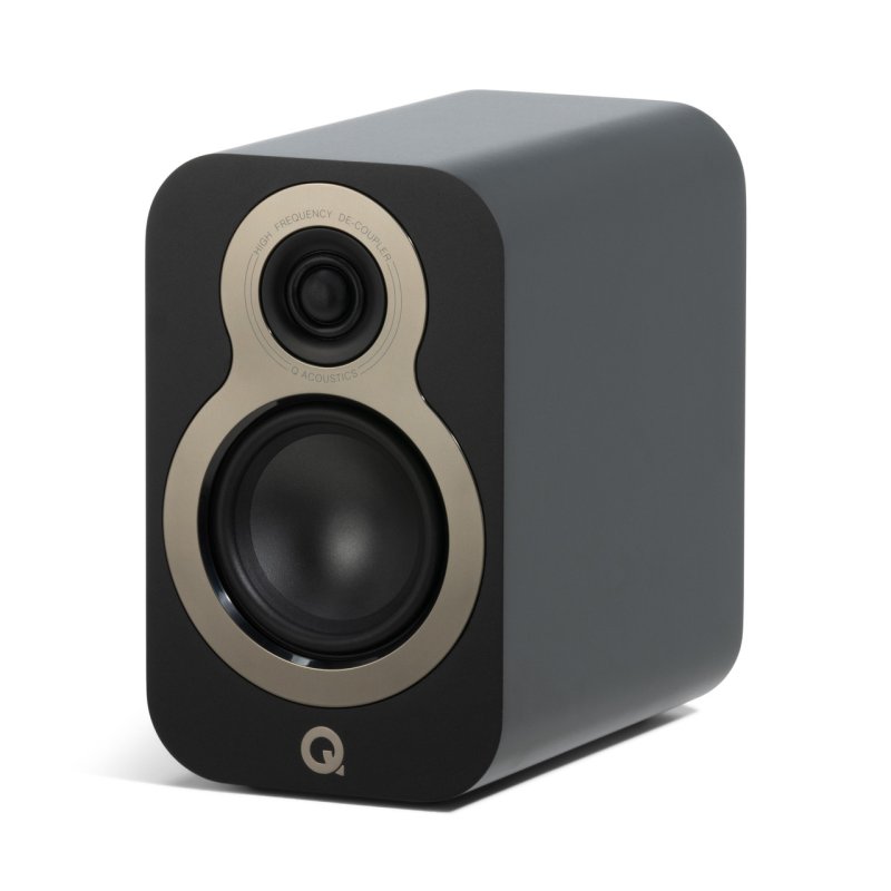 Q Acoustics 3010c Bookshelf Speakers Satin Black (Pair) — front angled view (grille off)