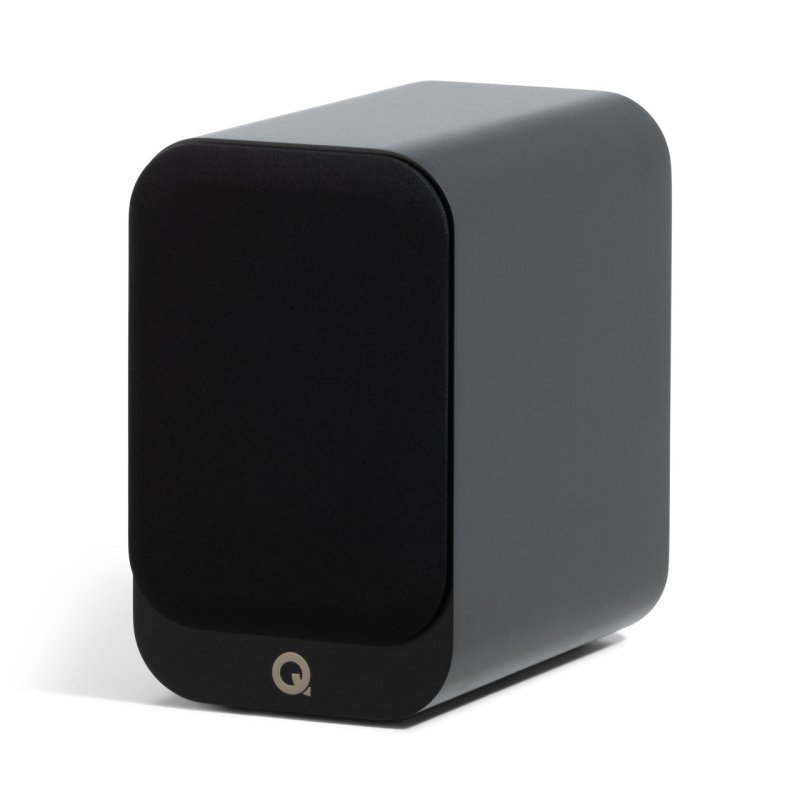 Q Acoustics 3010c Bookshelf Speakers Satin Black (Pair) — front angled view (grille on)