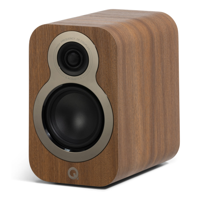 Q Acoustics 3010c Bookshelf Speakers Pin Oak (Pair) — angled front view without grille