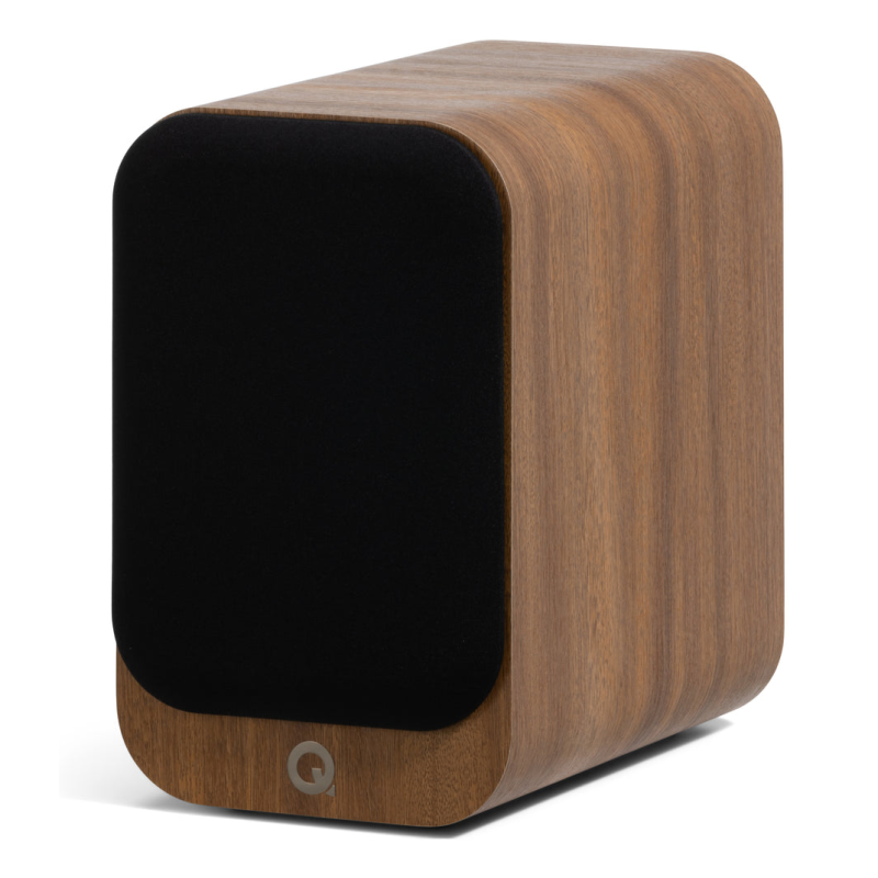 Q Acoustics 3010c Bookshelf Speakers Pin Oak (Pair) — angled front view with grille
