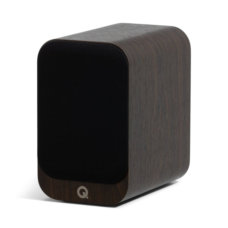 Q Acoustics 3010c Bookshelf Speakers Walnut (Pair) — front angled view (grille on)