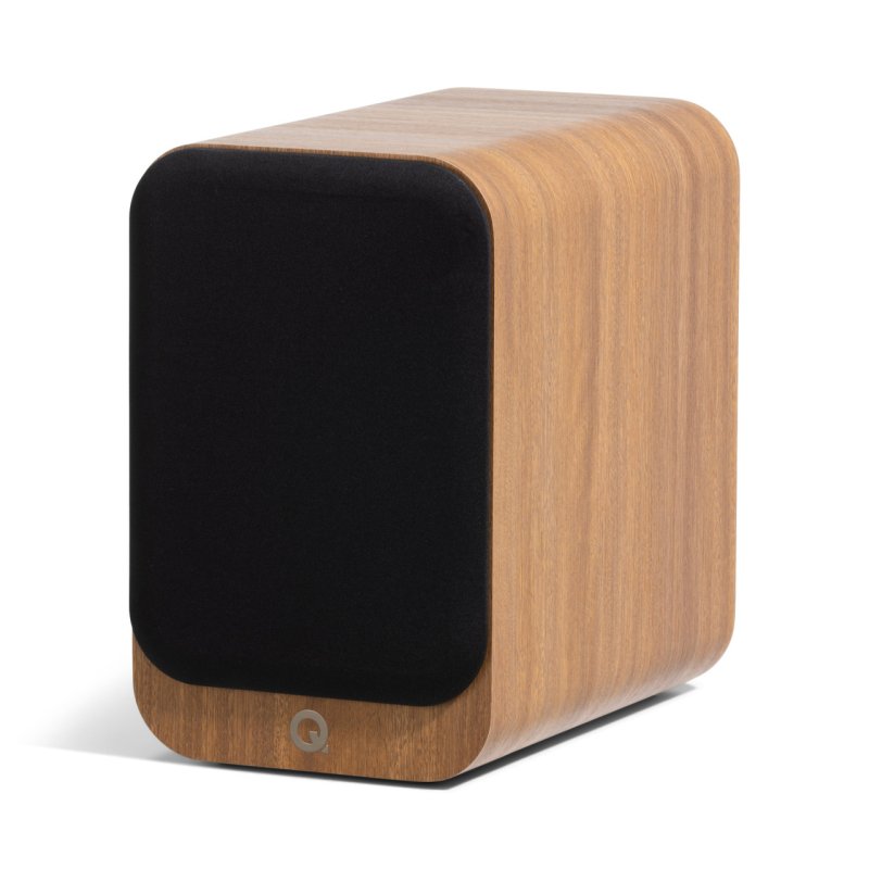 Q Acoustics 3020C Bookshelf Speakers Oak (Pair) — front angled view (grille on)