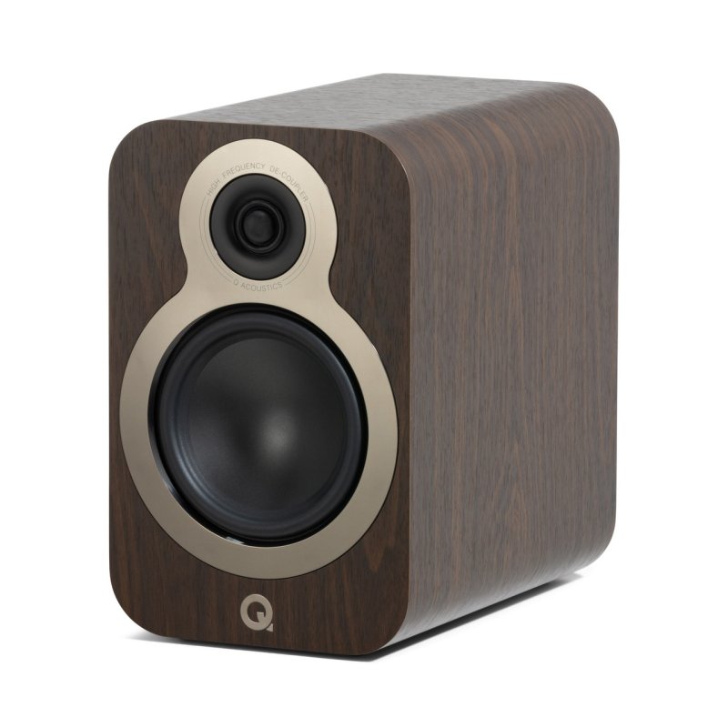 Q Acoustics 3020C Bookshelf Speakers Claro Walnut (Pair) — front angled view (grille off)
