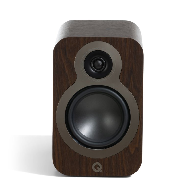Q Acoustics 3020C Bookshelf Speakers Claro Walnut (Pair) — front view (grille off)