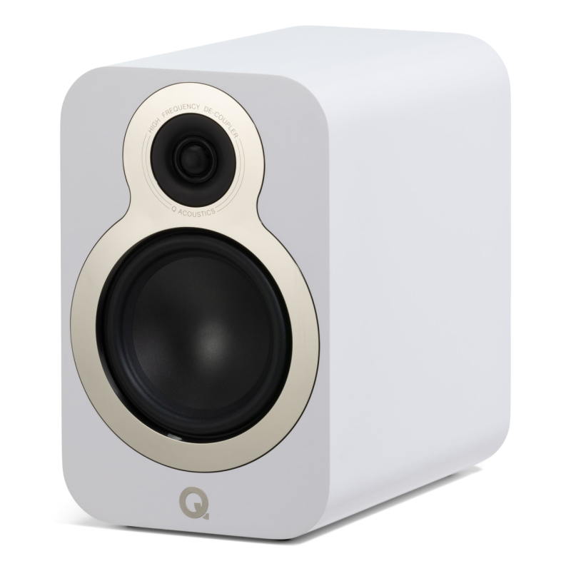 Q Acoustics 3020C Bookshelf Speakers Arctic White — front angle view without grille