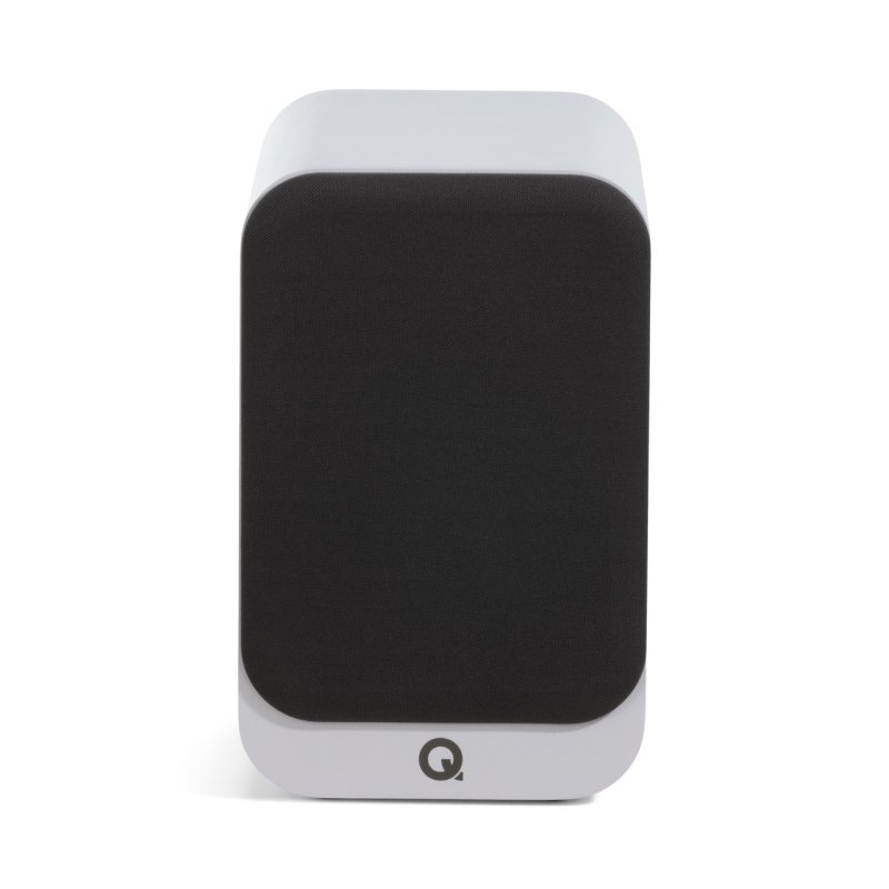 Q Acoustics 3020C Bookshelf Speakers Arctic White — front view with grille on