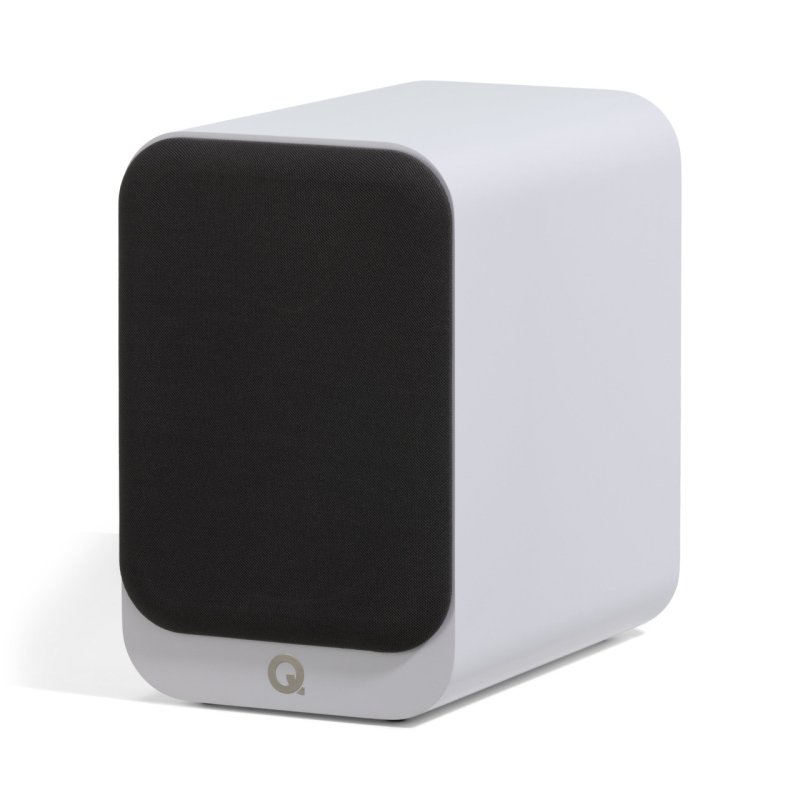 Q Acoustics 3020C Bookshelf Speakers Arctic White — front angle view with grille on