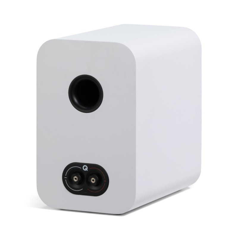 Q Acoustics 3030c Satin White - rear angle showing bass reflex port and speaker binding posts