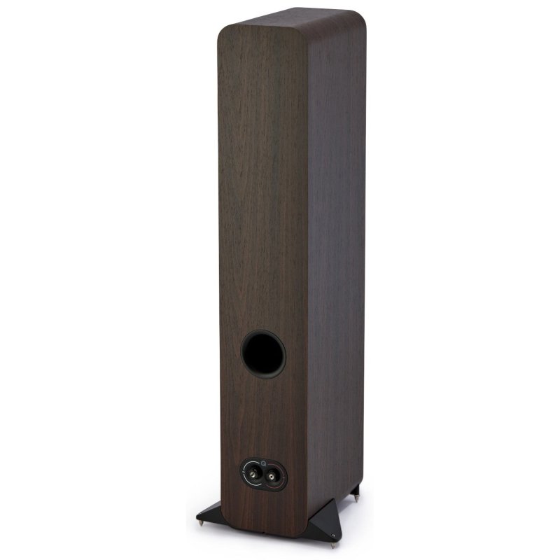Q Acoustics 3040c Claro Walnut, angled rear view with stabilisers fitted