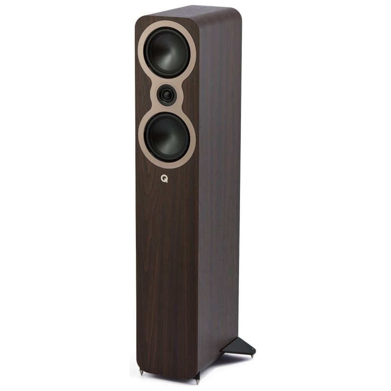 Q Acoustics 3040c Claro Walnut, angled front view showing C3 drivers