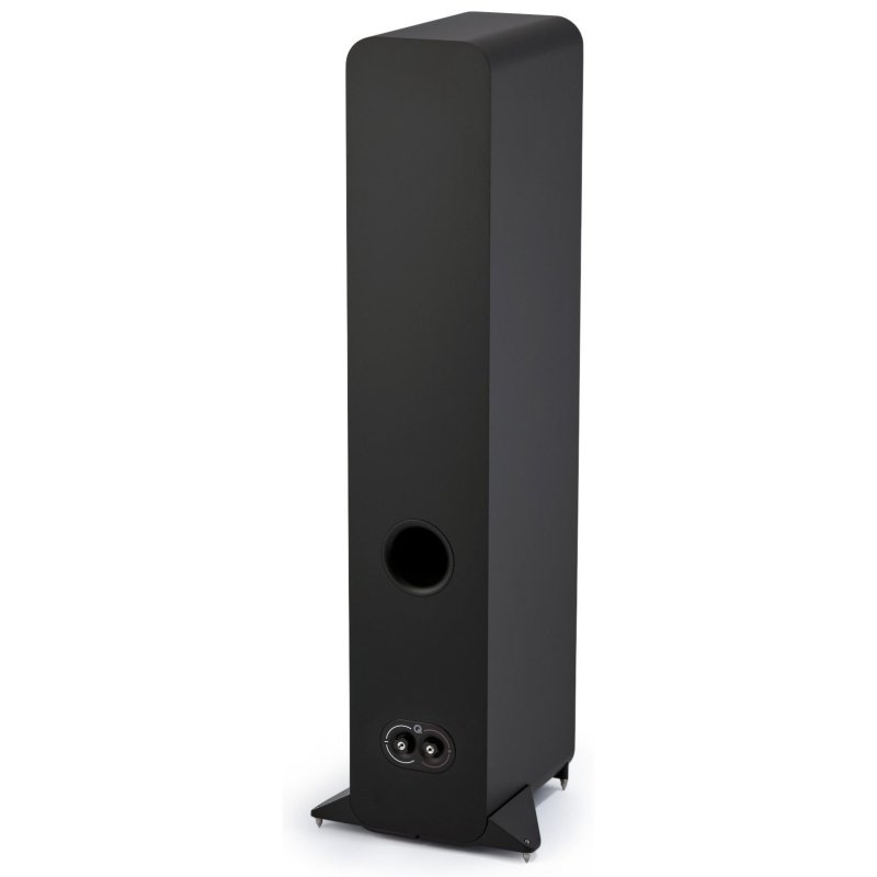 Q Acoustics 3040c Satin Black, angled rear view with stabilisers fitted