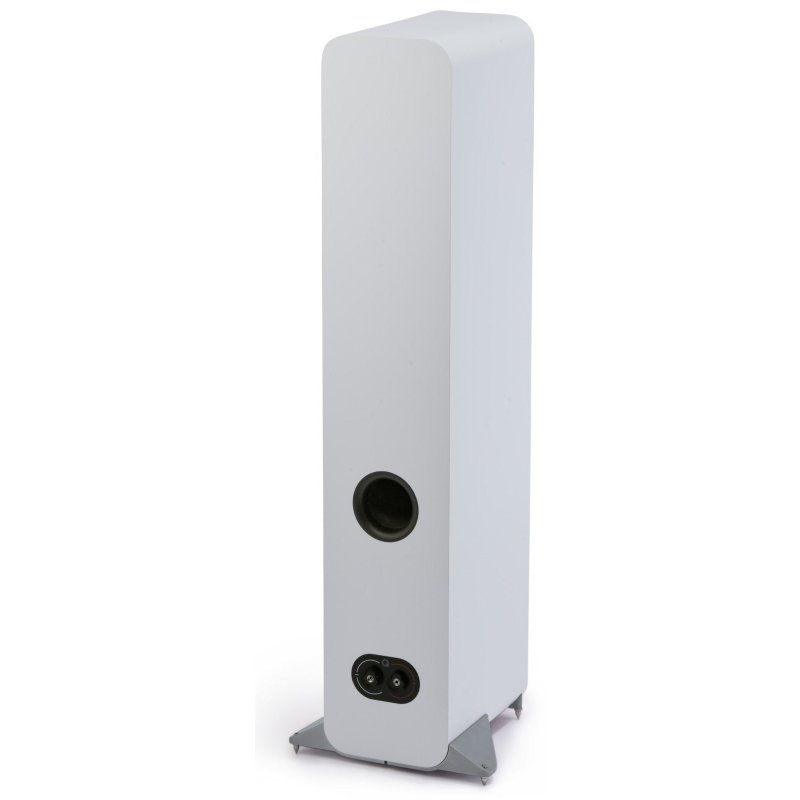 Q Acoustics 3040c Satin White, angled rear view with stabilisers fitted