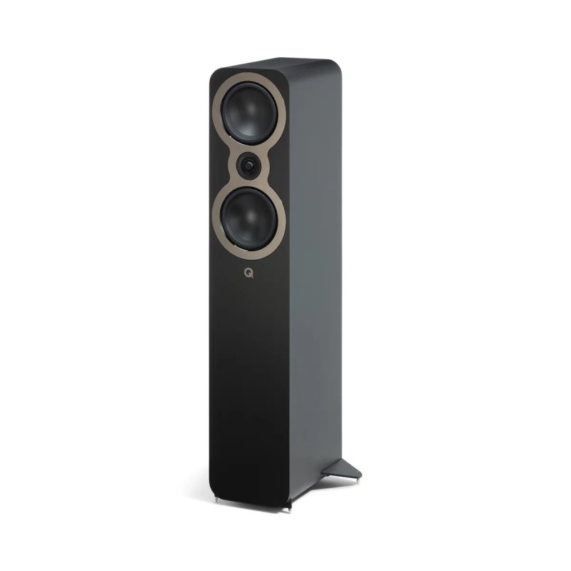 Q Acoustics 3050C Floorstanding Speakers Satin Black (Pair) — front angled view, no grille
