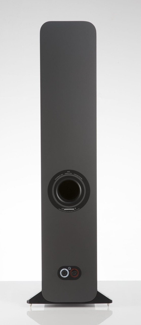 Q Acoustics 3050i Graphite Grey — rear panel showing reflex port, binding posts, and stabiliser plinth