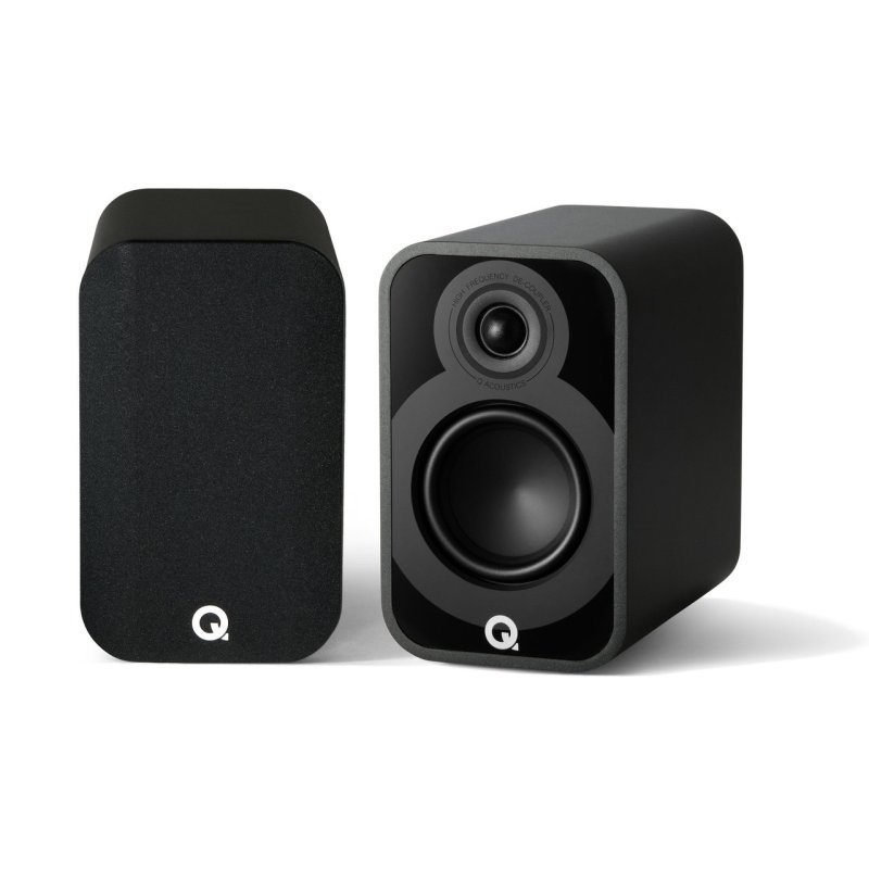 Q Acoustics 5010 Bookshelf Speakers Satin Black (Pair) — front pair view (grille on/off)
