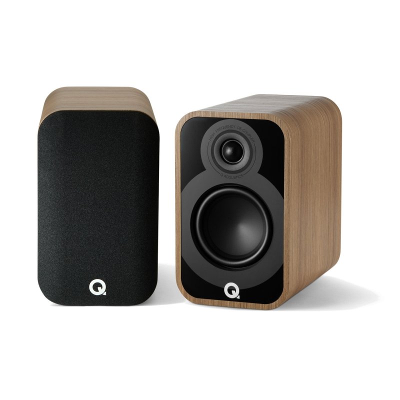 Q Acoustics 5010 Bookshelf Speakers Holm Oak (Pair) — front pair view (grille on/off)