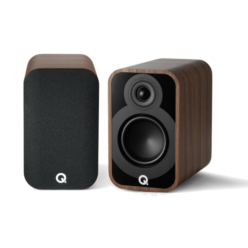 Q Acoustics 5010 Bookshelf Speakers Santos Rosewood (Pair) — front pair view (grille on/off)