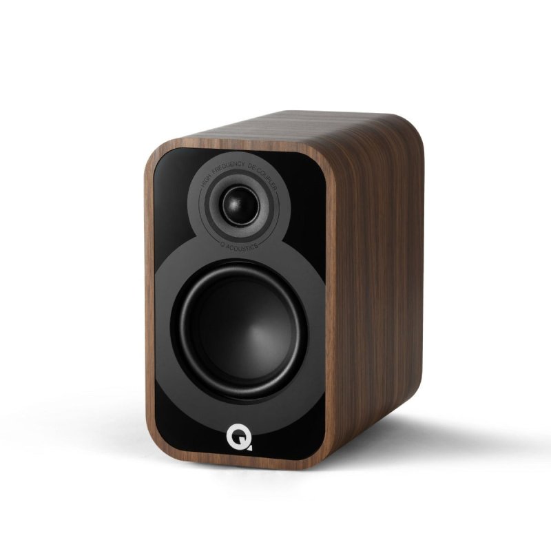 Q Acoustics 5010 Bookshelf Speakers Santos Rosewood (Pair) — angled view (no grille)