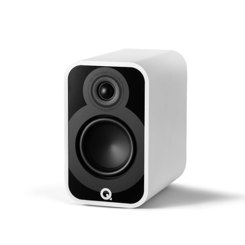 Q Acoustics 5010 Bookshelf Speakers Satin White (Pair) — angled view (no grille)