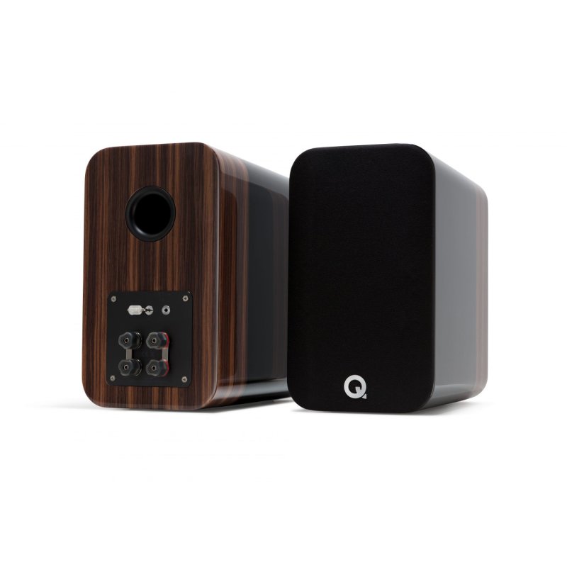 Q Acoustics Concept 300 Standmount Speakers Black and Rosewood (Excl. Stand) (Pair) — front and rear view (pair, grille on)